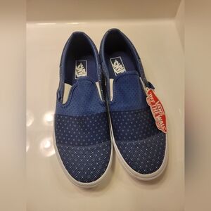 Brand New Classic Slip On Vans, Mens 10 Blue Patchwork.